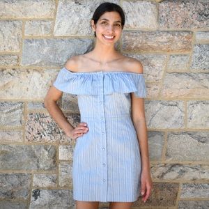 Off Shoulder Blue Pin Stripe Button Down Dress